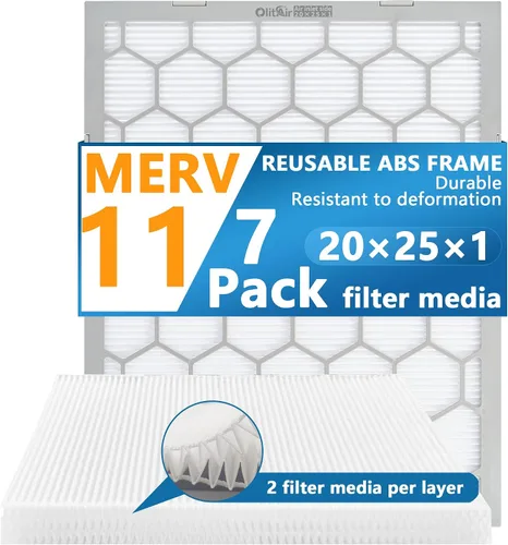 20x25x1 MERV 11 Filtro de aire para caldera/aire acondicionado, con marco de plástico ABS reutilizable, paquete de 7 filtros reemplazables (tamaño