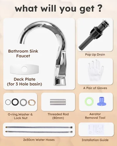 Miniatura 8 de WOWOW Grifo de Baño de Una Sola Manija 1 Orificio Arco Alto Grifo de Lavabo de Baño Cromado con Desagüe Pop Up, Latón Sólido Grifo Comercial de Cromo