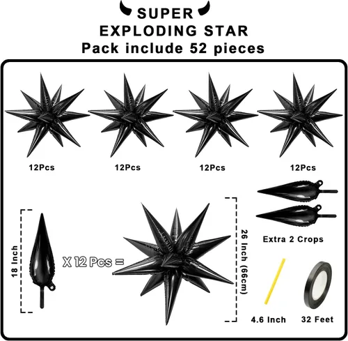 Miniatura 2 de FUNTOOB Globos de estrella negra, globo metálico de papel de aluminio, globos de cono negro, globo con forma de estrella en explosión