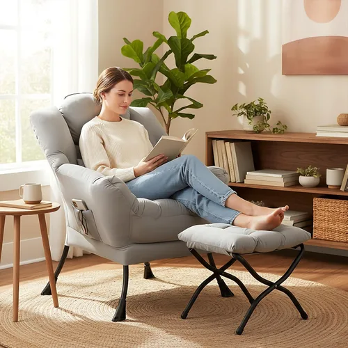 Miniatura 4 de Furlide Silla Lazy con otomana, moderna silla de estar con almohada lumbar, sillón de lectura acogedor y reposapiés plegable para dormitorio, sala