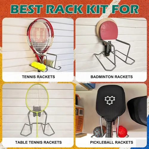 Miniatura 2 de Aolamegs Soporte para raqueta de tenis de metal para montaje en pared, de acero resistente, soporte de almacenamiento para raqueta de bádminton