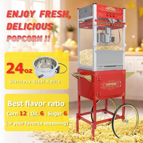 Miniatura 2 de Máquina comercial de palomitas de maíz con carrito y ruedas, máquina para hacer palomitas de maíz con hervidor de acero inoxidable de 24 onzas, Rojo