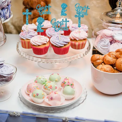 Miniatura 5 de Gyufise 24 piezas de decoración de cupcakes con purpurina azul que Dios bendiga y cruz, decoración de pastel para baby shower, bautismo, fiesta