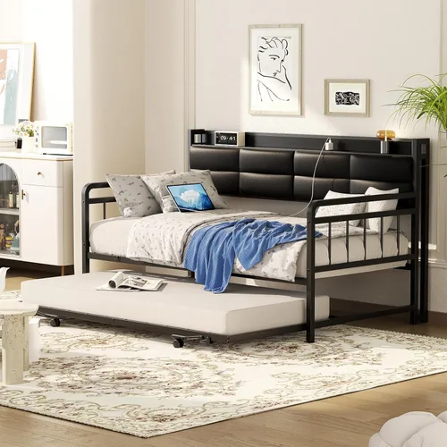 Miniatura 5 de Homieasy Sofá cama con nido, cama individual con cabecera tapizada y estación de carga, marco de sofá cama individual de metal, cama nido Negro