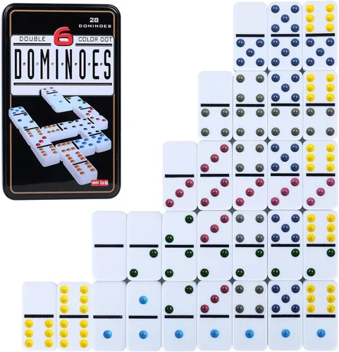 Miniatura 8 de GOTHINK Juego de Dominó Doble 6 para Adultos con Caja de Almacenamiento de Lata - 28 Fichas de Dominó de Colores con Puntos para Juegos de Mesa