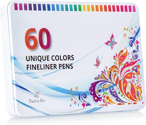 Positive Art Fineliner - Juego de 60 bolígrafos para colorear con estuche de metal, puntas ultrafinas coloridas de 0.016 in, libros para colorear