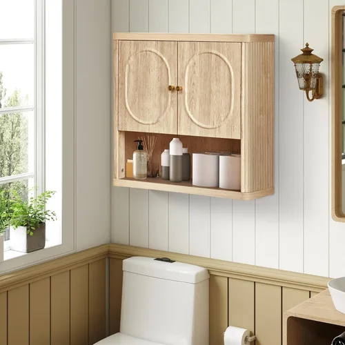 Miniatura 3 de Armario de almacenamiento de pared para baño, botiquín acanalado con puertas, armario montado en la pared con estante ajustable, gabinetes