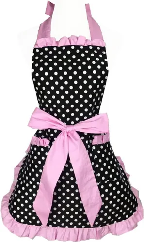Miniatura 14 de Hyzrz Lindo delantal retro negro de lunares retro con volantes laterales vintage delantales de cocina con bolsillos para mujeres y niñas (lado azul)