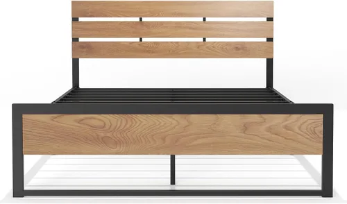 Miniatura 4 de BONSOIR Base de cama tamaño Queen con plataforma de acero estable con cabecero de madera/estribo, no necesita somier, fácil montaje, sin chirridos