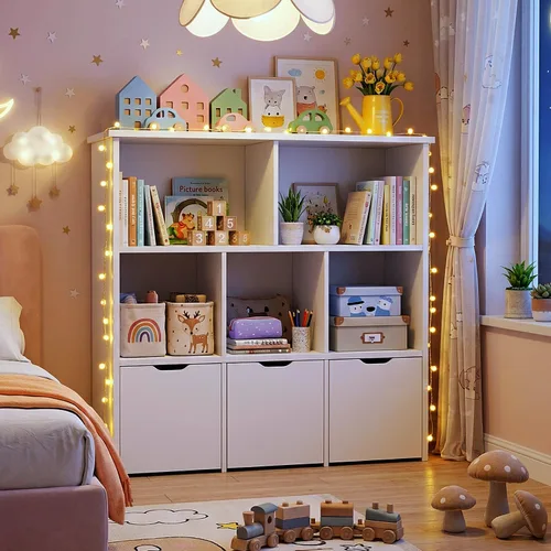 Miniatura 9 de Teckid Organizador de almacenamiento de juguetes con 3 cajones móviles y 5 cubos abiertos, estantería para niños y armario de almacenamiento