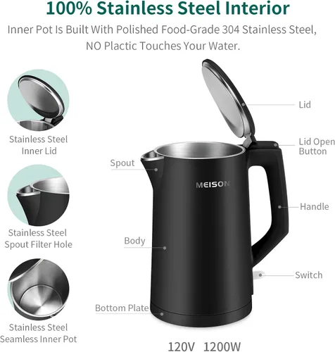 Miniatura 2 de MEISON Hervidor Eléctrico, 1.7 L Doble Pared de Acero Inoxidable de Grado Alimentario Interior, Hervidor de Agua, Cafetera y Tetera, Apagado