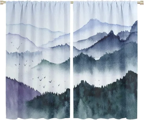 Miniatura 36 de BAEKJIN Cortinas verdes de bosque brumoso, acuarela, naturaleza, paisaje, plantas, árbol, bolsillo para barra, opacas, tratamiento de ventana
