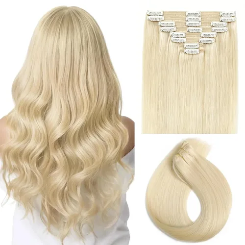 Miniatura 17 de 8Pcs Clip in Hair Extensions Real Human Hair, 140G 18 Inch Ash Blonde Mix Bleach Blonde 18P613