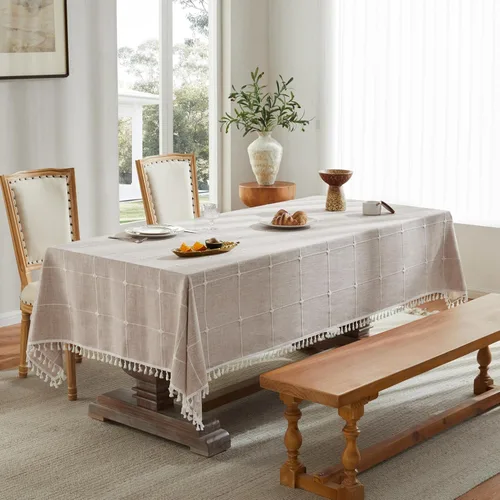Miniatura 51 de ZeeMart - Mantel de mesa con diseño de cuadrícula boho y borlas (blanco roto, 132 cm x 132 cm), mantel de gran peso de lino a cuadros bordado