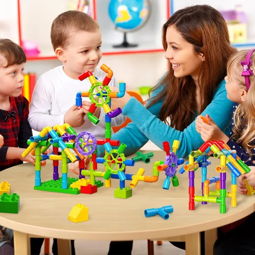 Miniatura 2 de burgkidz STEM - Bloques de construcción de tubo de aprendizaje para tubo, juguetes sensoriales con ruedas, placa base para todas las edades, niños