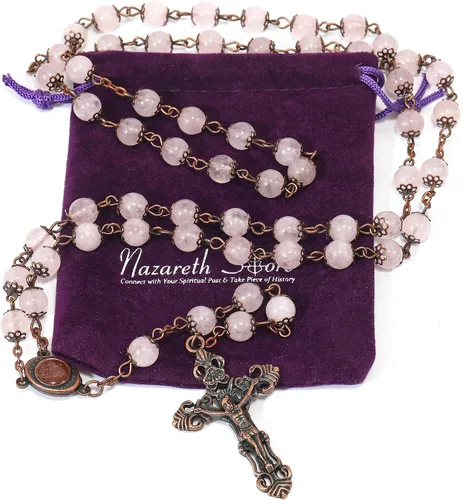 Miniatura 8 de Nazareth Store Rosario de diseño vintage con cuentas de piedra natural, collar de 0.315 in, medalla de suelo santo y cruz crucifijo rosarios