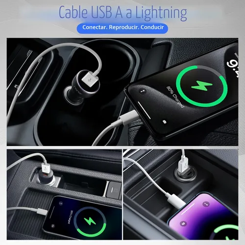 Miniatura 5 de Paquete de 3 cables para CarPlay de Apple, cable de carga para auto, cable USB A a Lightning, 1 metro, compatible con iPhone