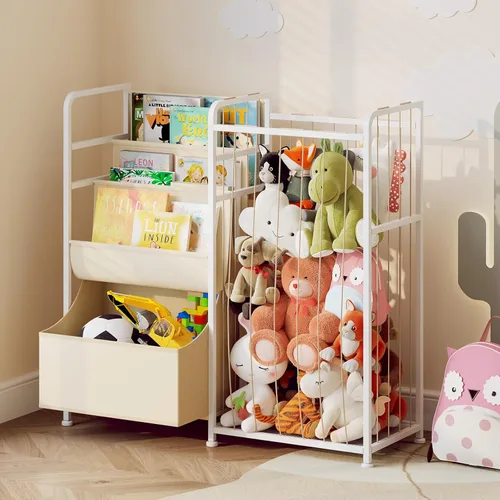 Miniatura 8 de BBLIKE Estantería para niños y almacenamiento de animales de peluche, estantes multifuncionales para libros de guardería con caja de juguetes y Beige
