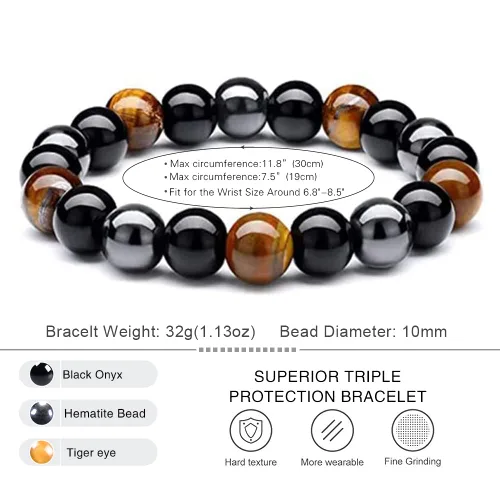 Miniatura 27 de DHQH Triple Protection Bracelet 8/10MM Hematite Black Agate Tigers Eye Stone Bracelet Crystal Jewelry Healing Bead Bracelets for Men Bring Luck