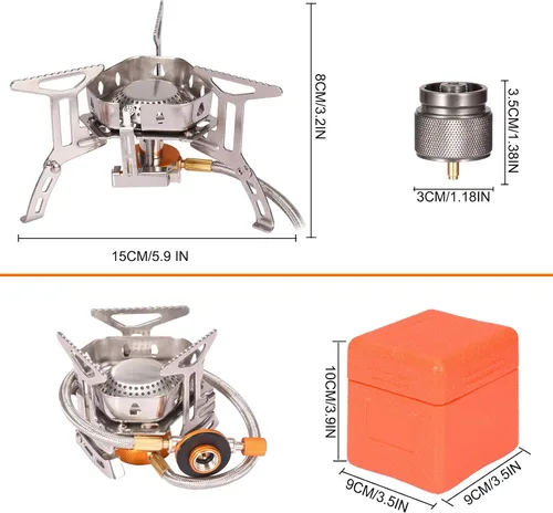 Miniatura 6 de Estufa portátil para mochileros con encendido piezoeléctrico a prueba de viento, estufa de gas para campamento, quemador plegable con adaptador