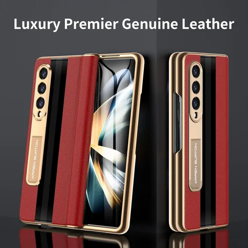Miniatura 2 de para Funda de Teléfono Samsung Galaxy Z Fold 4 [Cuero Genuino de Lujo Premier][Protección Completa de Bisagra][Protector de Pantalla Rojo