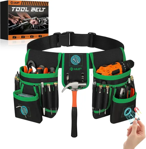Cinturón de herramientas magnético para hombres, 26 bolsillos, bolsa de herramientas resistente, funda magnética, cinturón de herramientas de Verde