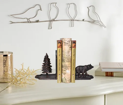 Miniatura 6 de Sujetalibros decorativos de oso de hierro fundido resistente para estantes, extremo de libro de estatua de pino y oso, decoración de estantes