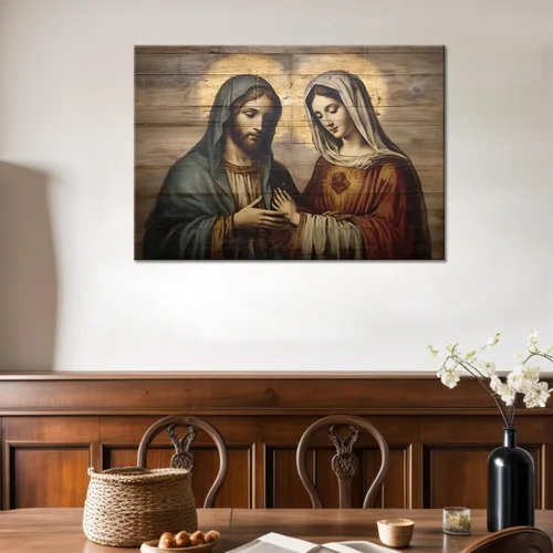 Miniatura 2 de GLOKAKA Arte de pared de Jesús y la Virgen María, cuadros de Jesucristo y Virgen María sobre fondo de madera, pintura de escritura religiosa Obra