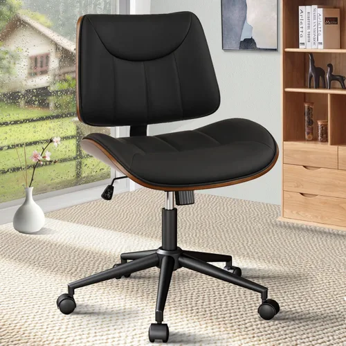 Miniatura 14 de CLATINA Silla de oficina en casa sin brazos, silla de escritorio con ruedas, silla de lectura de altura ajustable, respaldo medio de cuero y silla