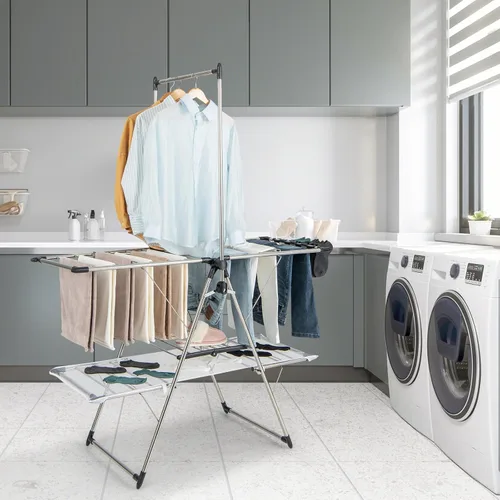 Miniatura 2 de Tangkula Estante de secado de ropa plegable, estante de secado de ropa de 2 niveles con barra colgante alta, ala de gaviota ajustable en altura