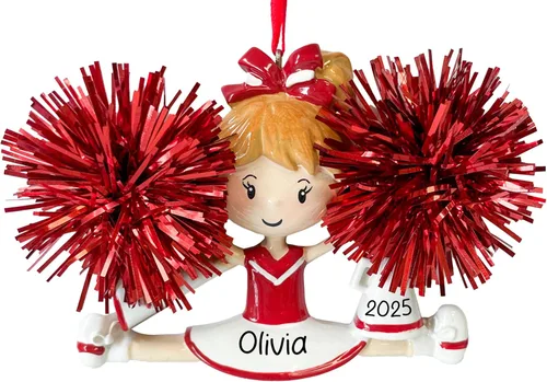 Miniatura 9 de Adorno de Navidad personalizado de animadora 2026 – Personalización gratuita Estatuilla de animadora bailarina con pompón morado real para árbol