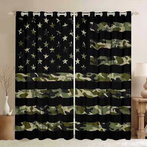 Miniatura 2 de Cortinas opacas de camuflaje con bandera estadounidense, regalo para niños, cortina de ventana de camuflaje verde con rayas negras, estrellas