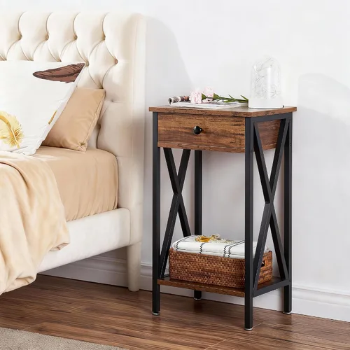 Miniatura 6 de VECELO Mesitas de noche modernas y versátiles con diseño en X, mesa auxiliar lateral con cesta de almacenamiento, mesita de noche con estante