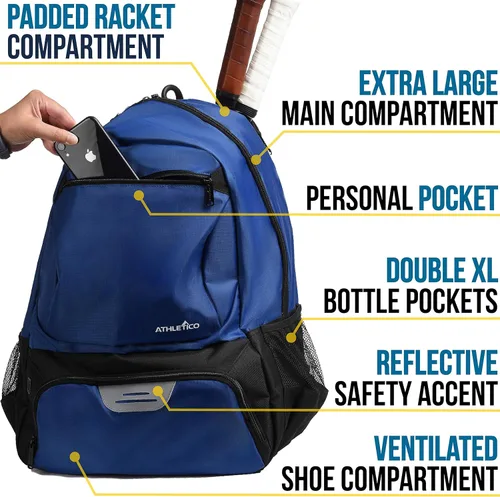Miniatura 4 de Athletico Mochila de tenis Premier – Bolsa de tenis con capacidad para 2 raquetas en compartimento acolchado Compartimento ventilado separado