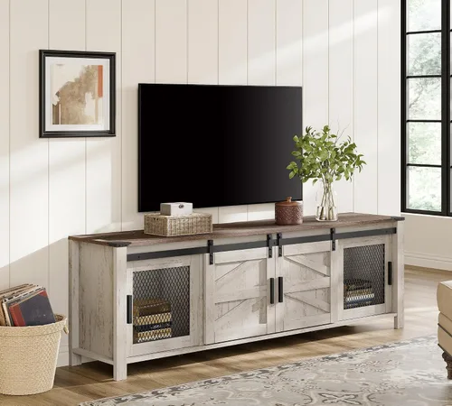 Miniatura 8 de WAMPAT Soporte de TV de granja de 70 pulgadas con puertas de malla, centro de entretenimiento para TV de 75 pulgadas, estantes ajustables, 2