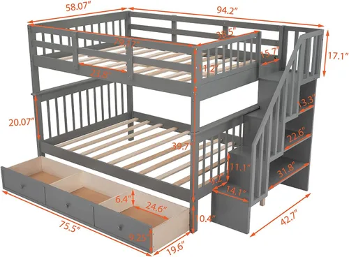 Miniatura 2 de Literas de tamaño matrimonial con cajones y escaleras, marco de cama de madera con almacenamiento para niños, adolescentes y adultos, desmontable