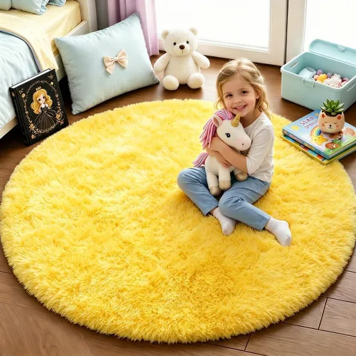 PAGISOFE - Alfombras redondas de 5 pies, alfombras esponjosas amarillas para dormitorio de niñas, alfombra linda para habitación de niñas, alfombra