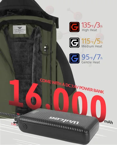 Miniatura 3 de Wulcea Chaqueta térmica de grafeno para hombre con forro de piel con batería de 7.4V 16000mAh