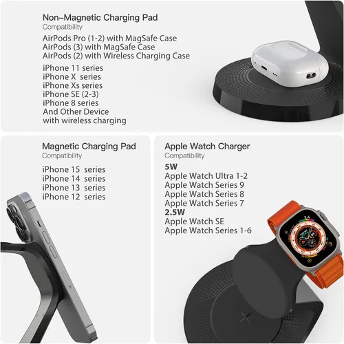Miniatura 5 de Estación de carga 3 en 1 para dispositivos Apple, soporte de cargador Mag-Safe de carga rápida, cargador inalámbrico para iPhone serie