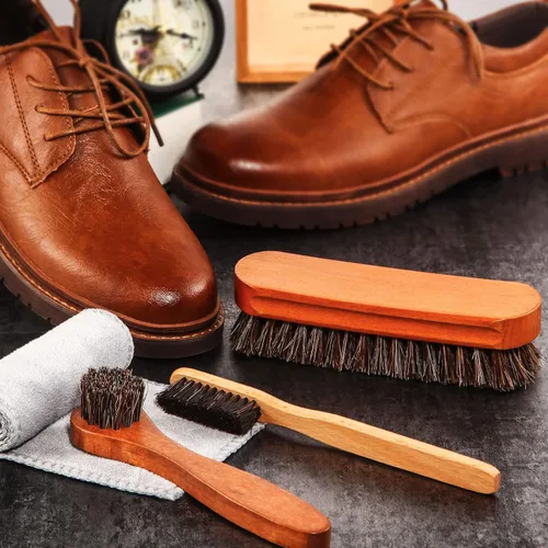 Miniatura 6 de Kit de 4 cepillos para zapatos de pelo de caballo, aplicadores de limpieza de piel, botas, cepillos de cuidado de gamuza con paño de microfibra