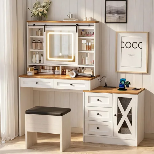 ALBAD - Escritorio de tocador de granja de 56 pulgadas con espejo y luces, color blanco | Rustic Makeup Vanity Table/Dresser, Charging Station Power