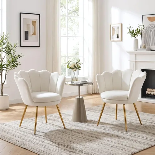 Miniatura 5 de chairus Silla de tocador de maquillaje blanca crema con respaldo, pequeña silla moderna tapizada de terciopelo con patas de metal dorado, bonita