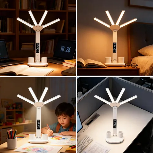 Miniatura 7 de Lámpara de escritorio LED con reloj, lámpara de estudio plegable, 3 modos de iluminación, lámpara de mesa regulable para cuidado de los ojos