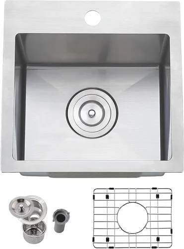 Friho - Fregadero de barra de 15x15 pulgadas, fregadero de cocina pequeño de montaje superior, fregadero de 16 calibre hecho a mano de acero Negro