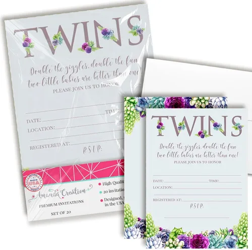 Miniatura 10 de AmandaCreation - Invitaciones florales de peonía morada para baby shower para gemelos, 20 tarjetas de relleno de 5 x 7 pulgadas con veinte sobres