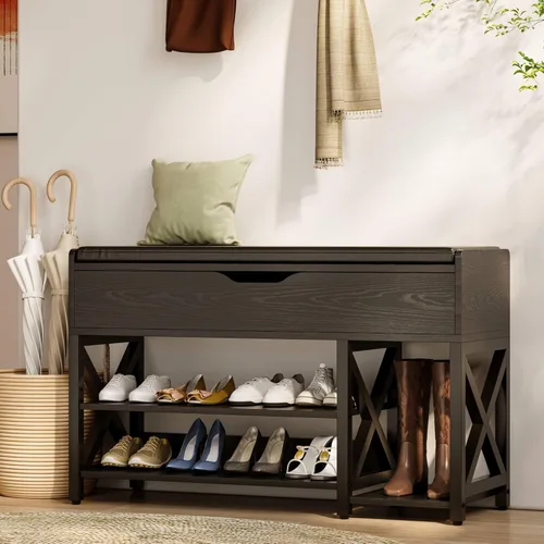 Miniatura 7 de Shoe Bench, Lift Top Shoe Storage Bench, Adjustable Shelf Entryway Bench with Padded Cushion for Entry, Closet, Living Room, Hallway, 2-Tier Shoe