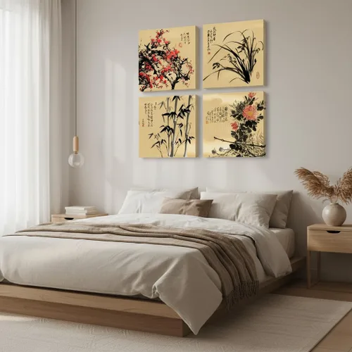 Miniatura 6 de JiazuGo Lienzo decorativo asiático oriental para pared, cuadros chinos para decoración estética de dormitorio, juego de 4 obras de arte estiradas
