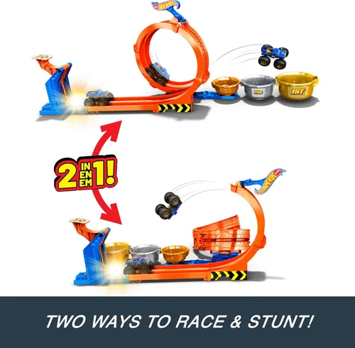 Miniatura 5 de Set de Camiones Juguetes Hot Wheels Monster Trucks y Pista, Juego de Desafío de Trofeo con Bucle y Volteó & Camión Bigfoot Aniversario 50 a Escala
