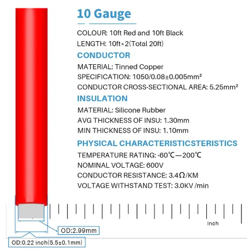 Miniatura 2 de BNTECHGO cable de caucho de silicona calibre 10 de 20 pies [10 pies negros y 10 pies rojos] 600 voltios, 200 grados centígrados, resistente a altas