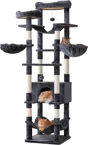 Miniatura 14 de Árbol para gatos de 77 pulgadas de alto, torre grande de varios niveles para gatos con 4 hamacas, 2 perchas acolchadas, condominio para gatos, Beige